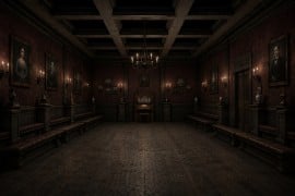 A dark wood-paneled room with red wallpaper, benches along both walls, candle sconces, framed portraits, a chandelier, and a small pipe organ against the far wall