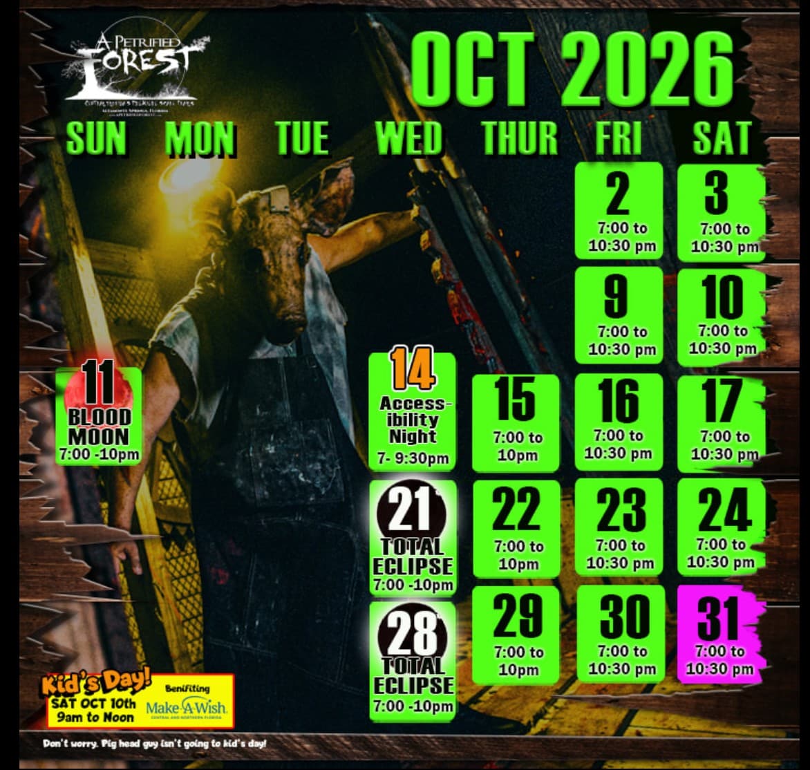 A Petrified Forest 2026 October operating calendar