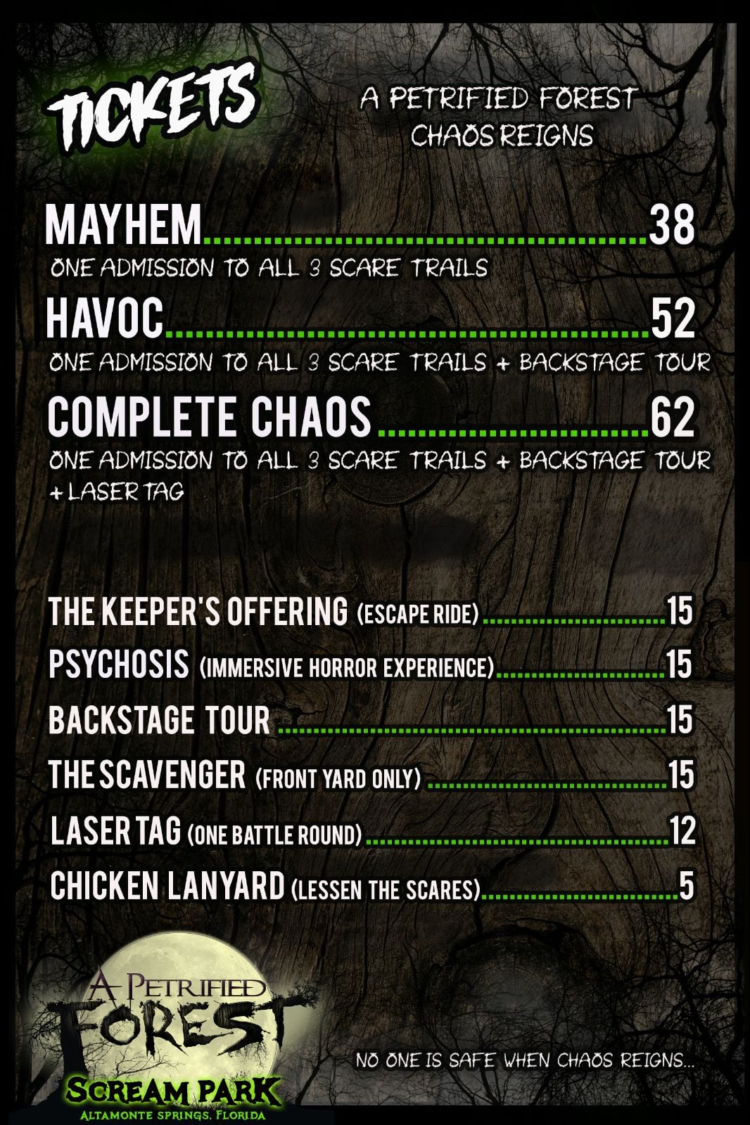 A Petrified Forest 2026 Chaos Reigns ticket guide listing the Mayhem, Havoc, and Complete Chaos admissions and the add-on prices