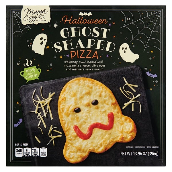 A box of Mama Cozzi's Halloween Ghost Shaped Pizza showing a ghost-shaped cheese pizza with olive eyes and a red sauce mouth