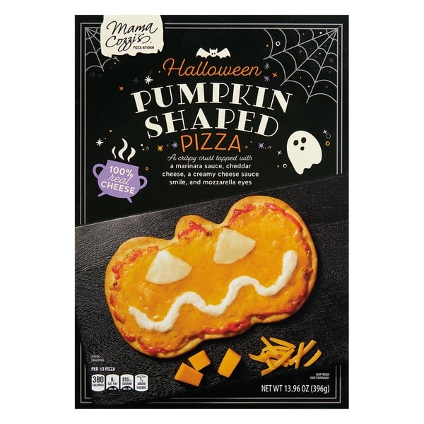 A box of Mama Cozzi's Halloween Pumpkin Shaped Pizza showing an orange cheese pizza with a white sauce smile and triangle eyes