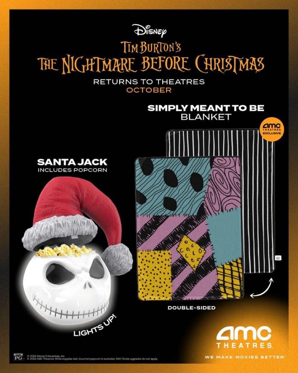 AMC Theatres graphic for The Nightmare Before Christmas showing the Santa Jack popcorn bucket and the double-sided Simply Meant to Be blanket