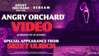 Angry Orchard Video Scream pop-up key art with Ghost Face and Skeet Ulrich