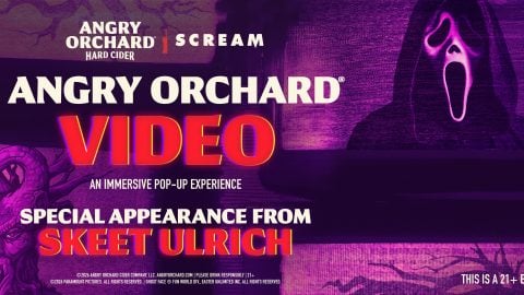 Angry Orchard Video Scream pop-up key art with Ghost Face and Skeet Ulrich
