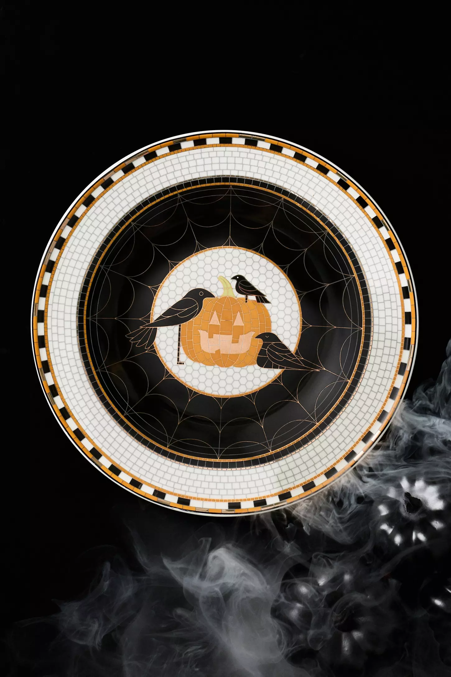 Anthropologie Bistro Tile Halloween Dessert Plate jack-o-lantern design