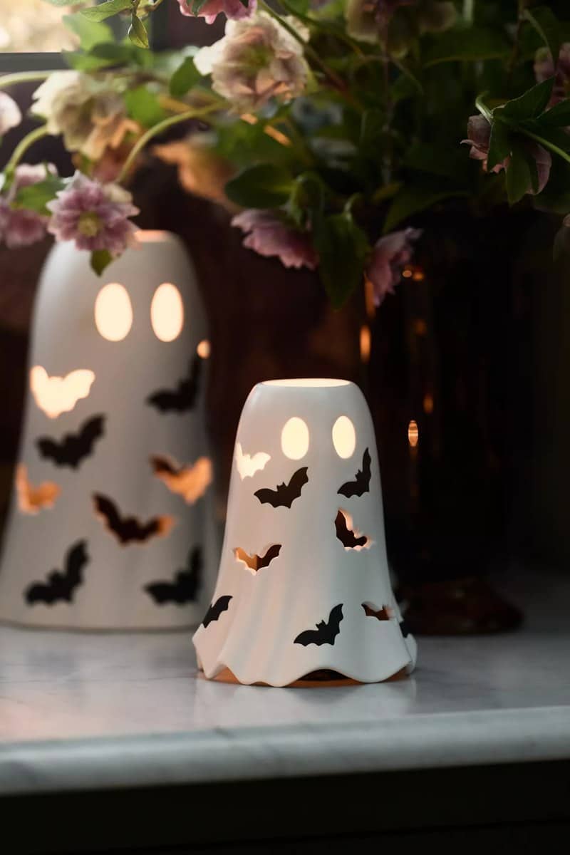 Anthropologie Halloween glassware, a ghost hurricane glass