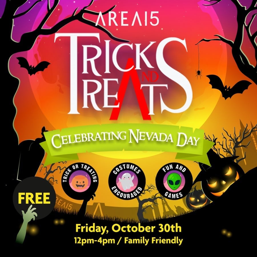 An orange and purple poster with bats, bare trees, and jack-o'-lanterns