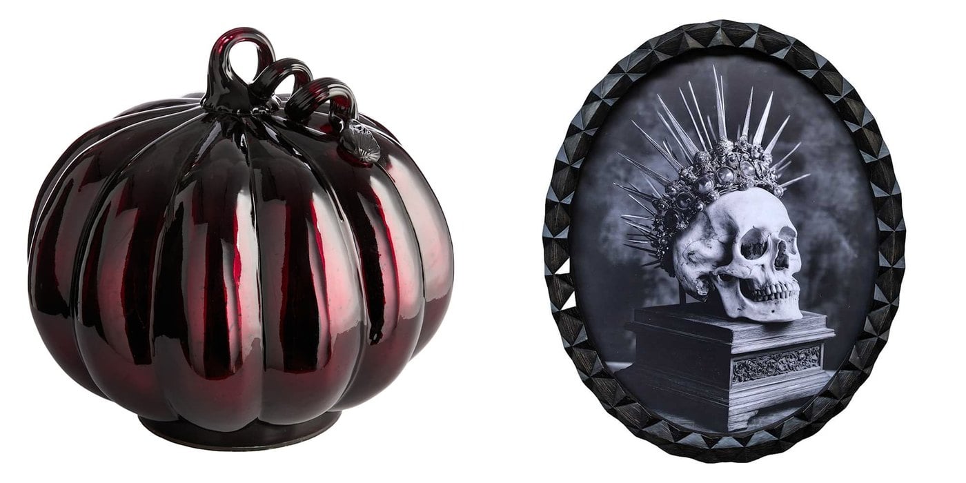 At Home Gothic Graveyard Halloween collection red glass pumpkin and black wall art