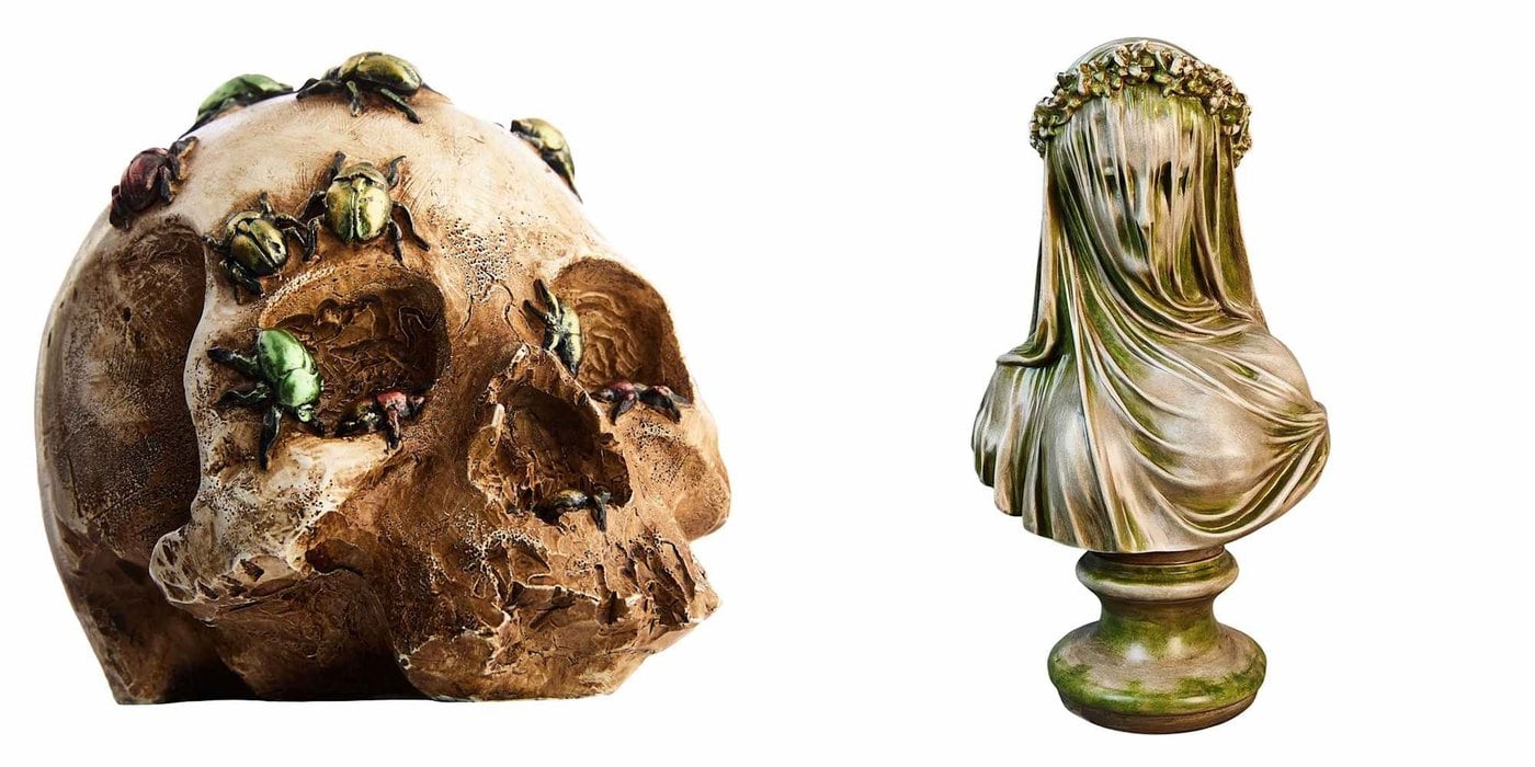 At Home Grim Gardens Halloween collection skull with bugs and haunted female bust