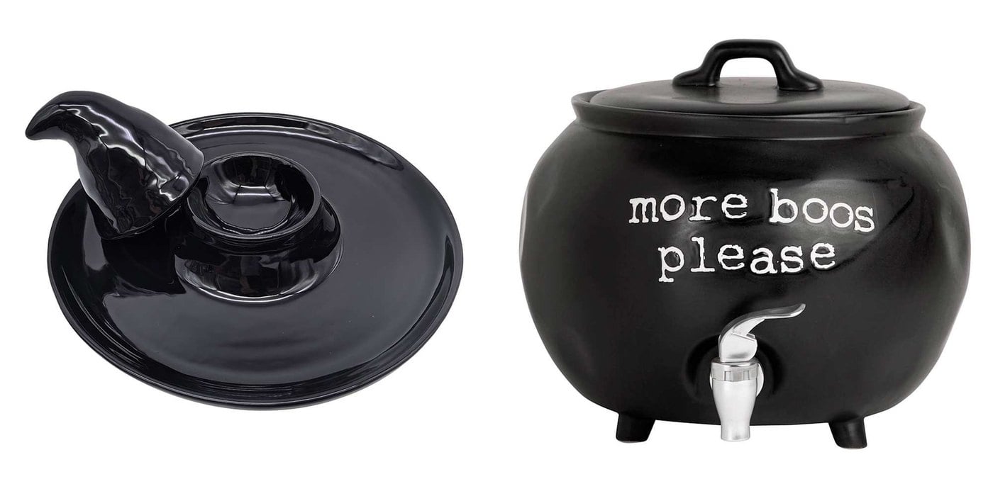 At Home Spellbound Halloween collection witches hat platter and cauldron drink dispenser