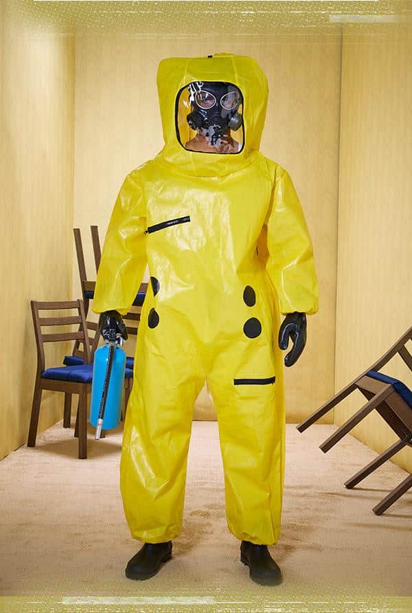 Yellow Async Hazmat Suit Backrooms costume staged in a liminal room