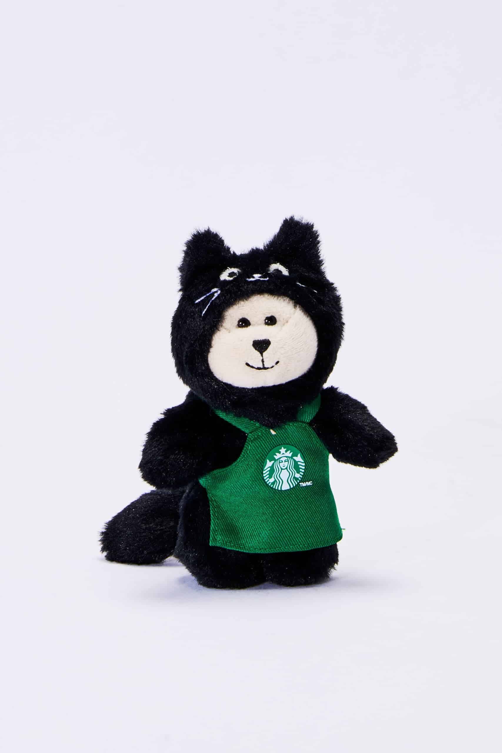 Starbucks Black Cat Bearista plush bag charm in a cat costume and green apron