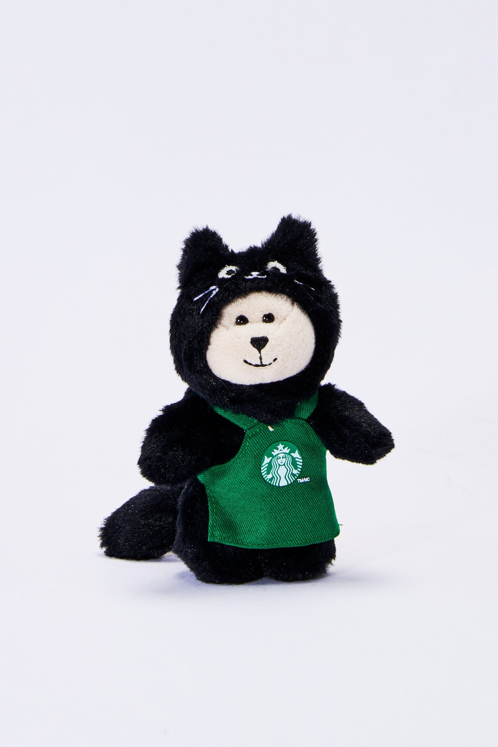 Starbucks Black Cat Bearista plush bag charm in a cat costume and green apron