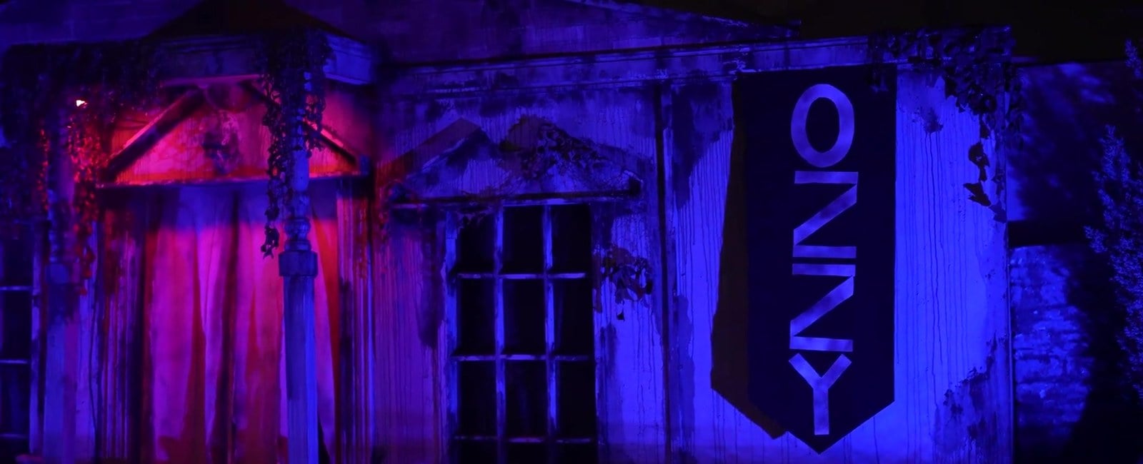 Beware the Dark Realm's haunted facade with an Ozzy banner in Santa Clarita in 2025