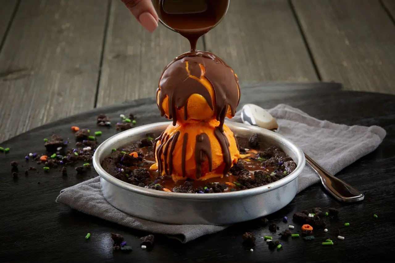 BJ's Spooky Pizookie with orange ice cream