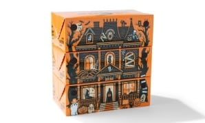 Three orange Boojangles Bite Boxes stacked so their printed art forms a haunted house, with a roof, bats and a skeleton on the top box and a porch with a ghost and jack-o'-lanterns on the bottom box
