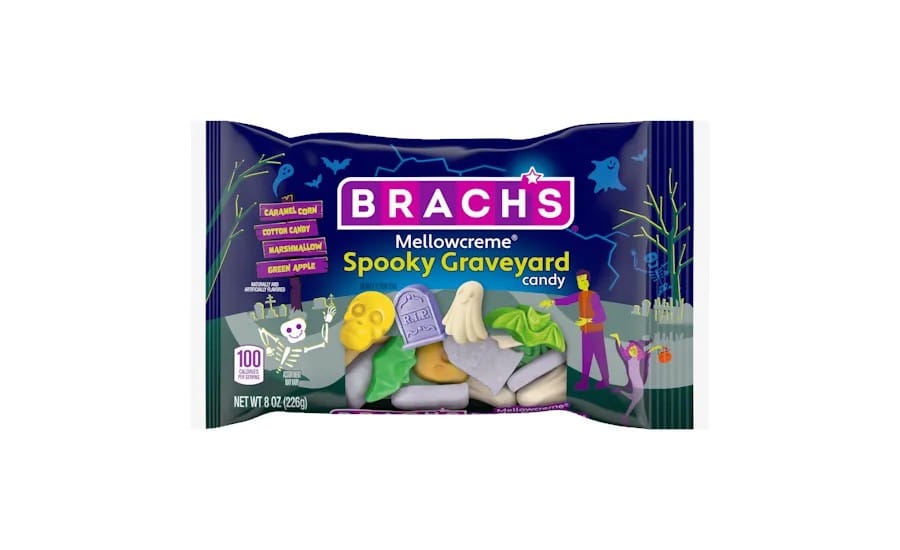 Brach's Mellowcreme Spooky Graveyard candy bag with caramel corn skulls, cotton candy tombstones, marshmallow ghosts, and green apple bats