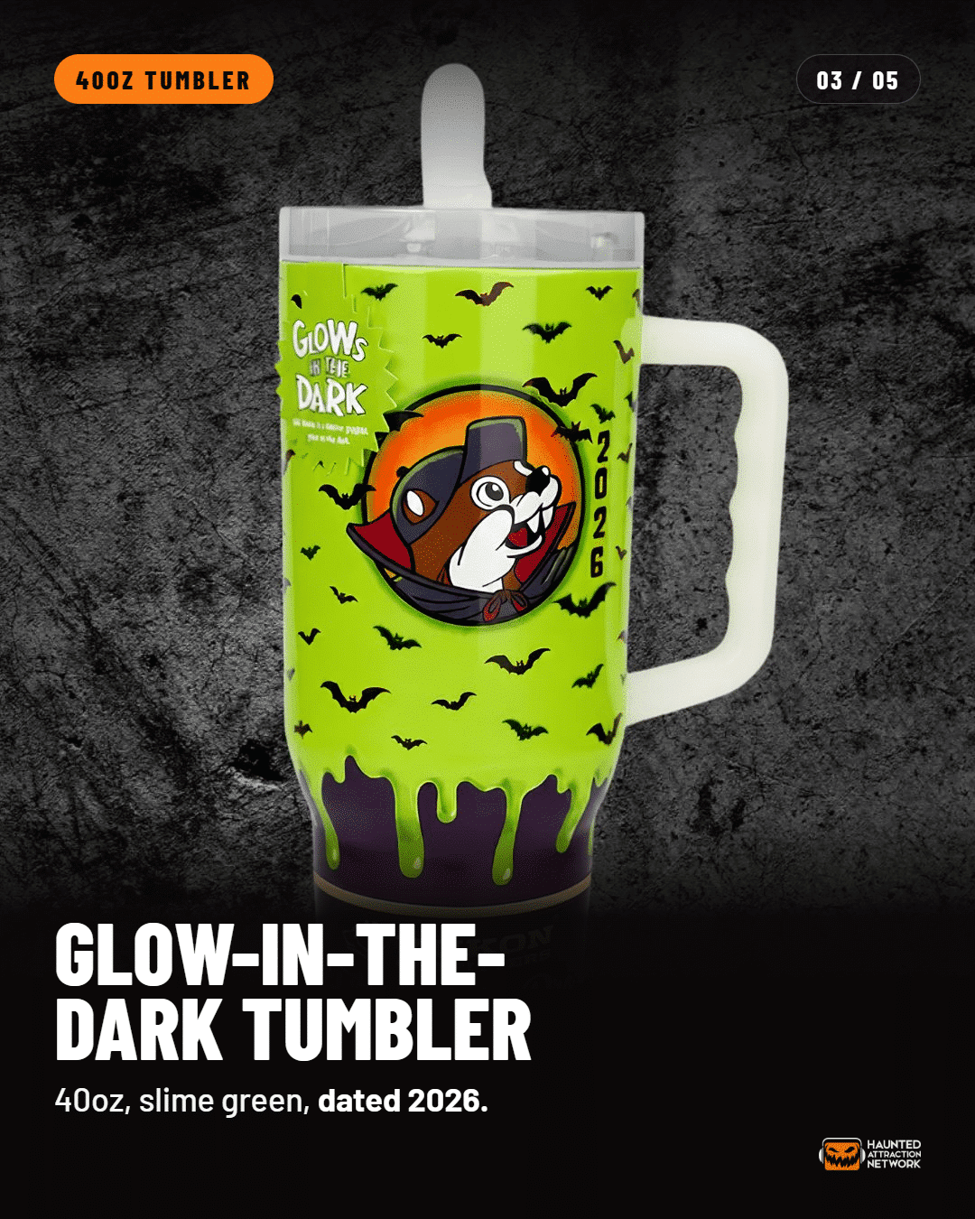 Buc-ee's Halloween 2026 glow-in-the-dark 40 oz tumbler in slime green with bats