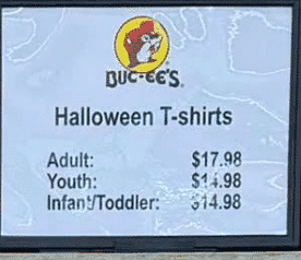 In-store Buc-ee's signage listing Halloween t-shirt prices