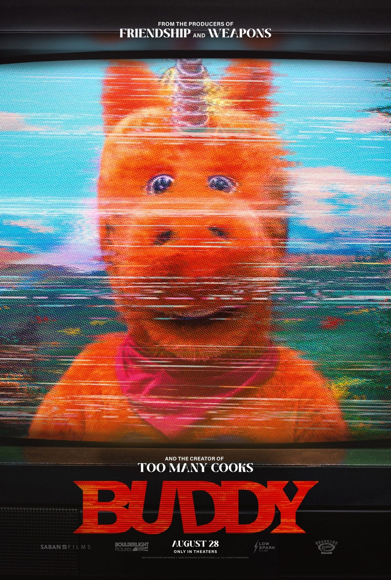 The poster for the movie Buddy, with the bright orange unicorn Buddy