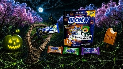 HI-CHEW Halloween Mystery Mix 2026 bag with Chewbie in a Frankenstein costume