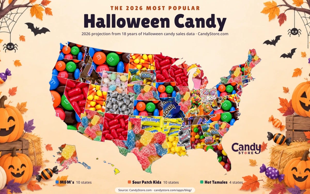 CandyStore.com's 2026 map of the most popular Halloween candy in each U.S. state, with each state filled with its top candy