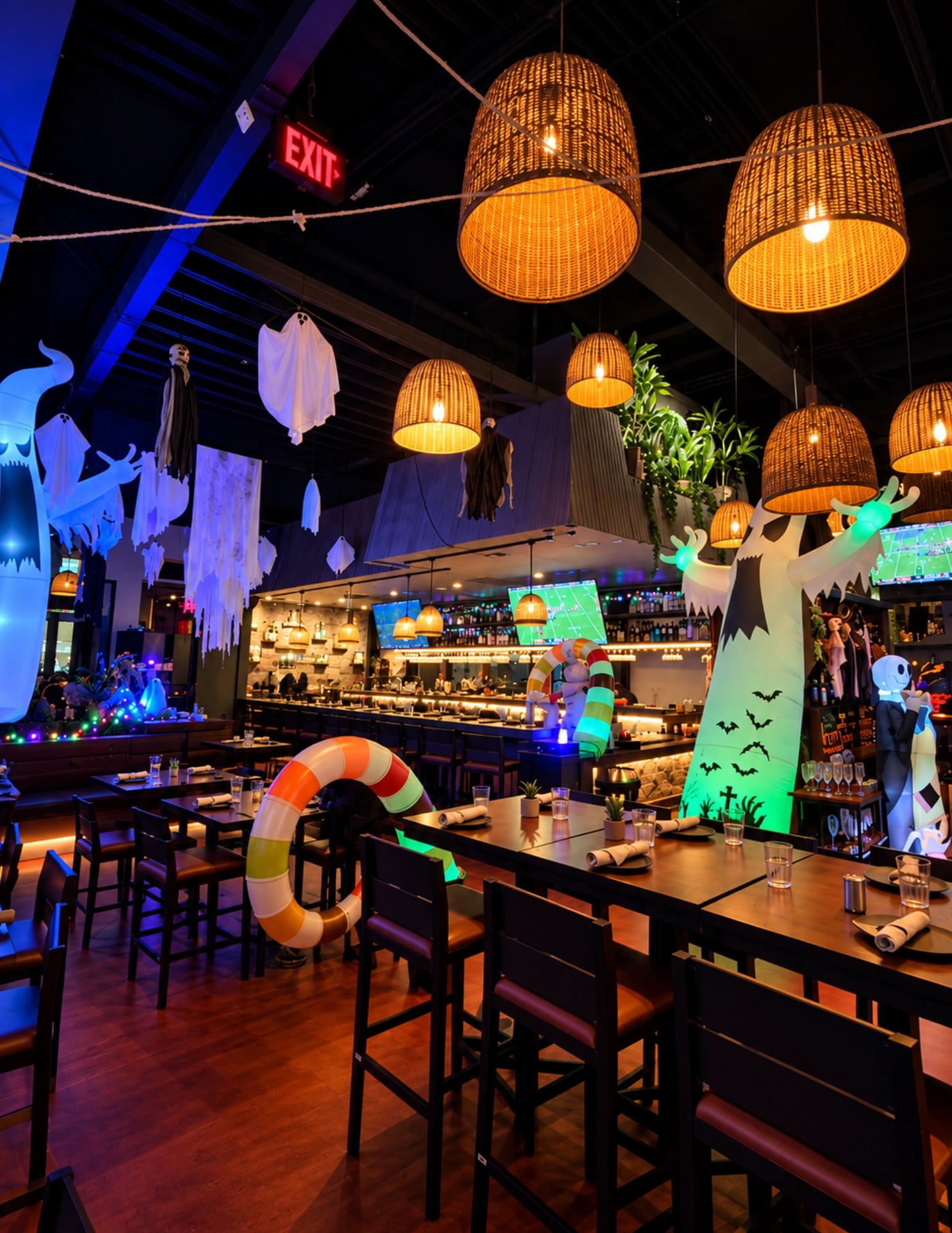 A restaurant bar under woven pendant lamps, with hanging ghosts, a glowing green inflatable ghost tree and a striped inflatable curling between the high-top tables