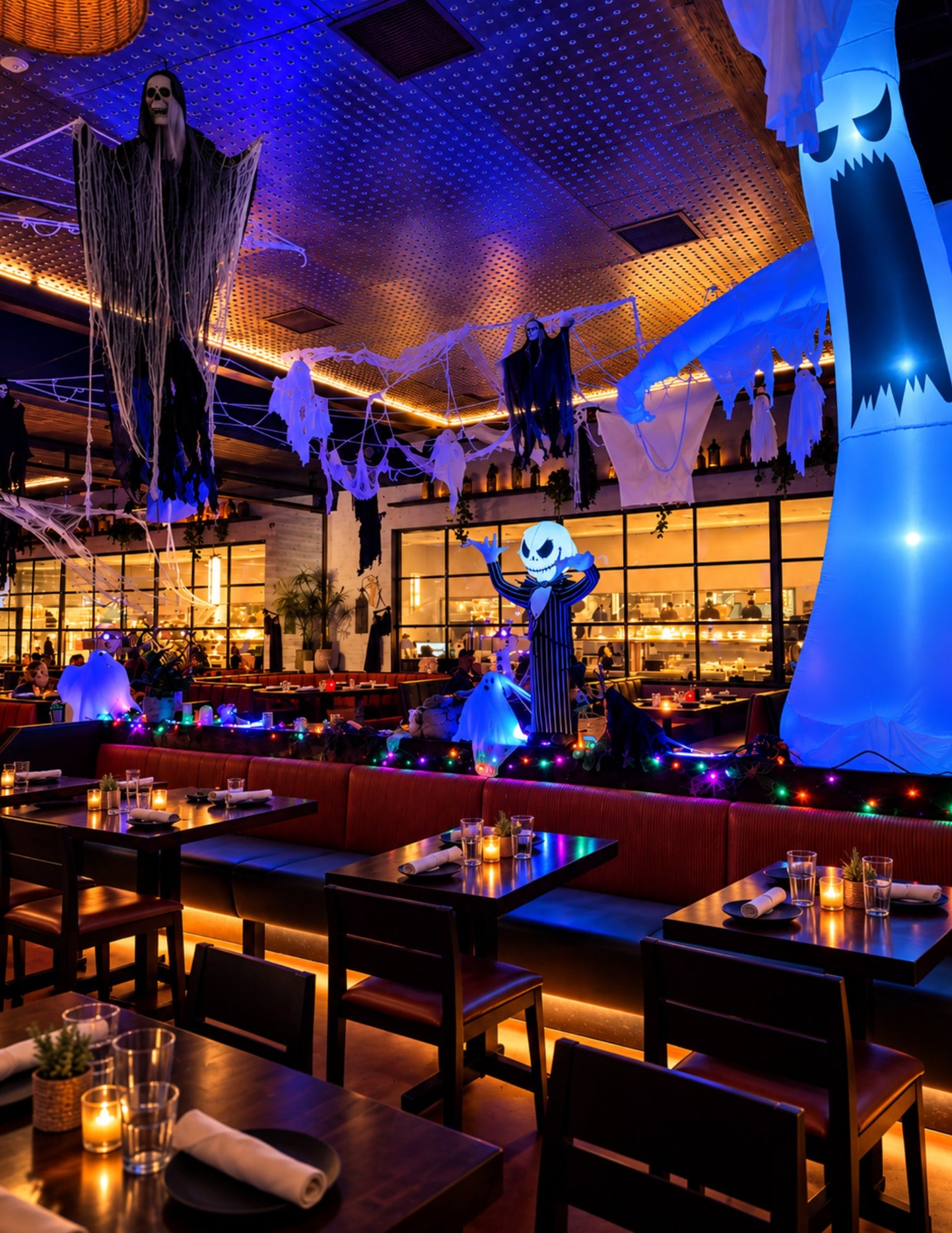 Carne's dining room decorated for Halloween, with hooded skeleton figures and ghosts hanging over red booths, a Jack Skellington figure and a tall glowing blue inflatable ghost