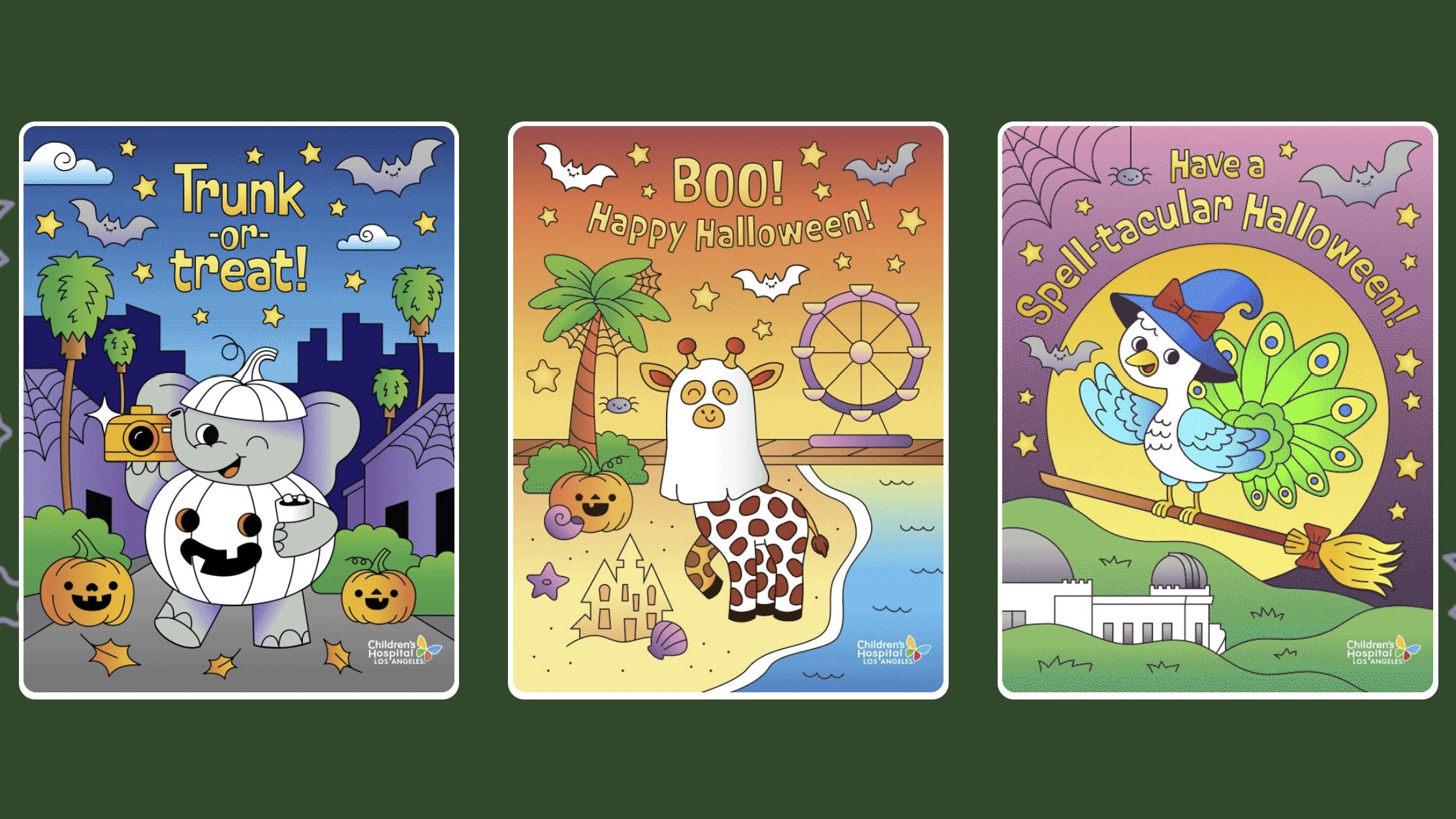 Three Halloween card designs from Children's Hospital Los Angeles: an elephant dressed as a jack-o'-lantern, a giraffe under a ghost sheet on a beach, and a peacock in a witch's hat on a broom