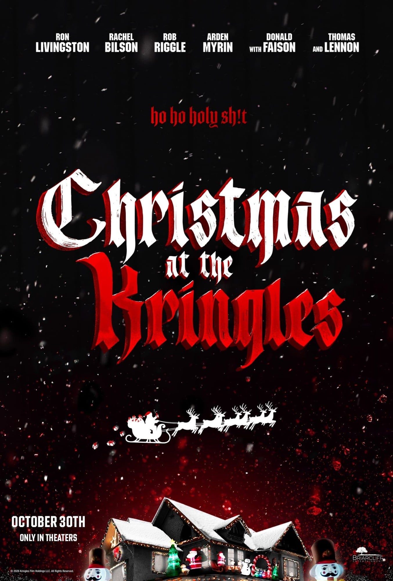 The Christmas at the Kringles poster: the title in red and white over a snowy night sky, Santa's sleigh and a house covered in Christmas decorations