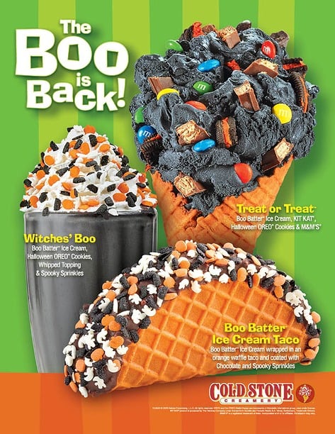A Cold Stone poster showing a black shake with whipped topping, black ice cream with candy in a waffle cone, and an orange waffle taco dipped in chocolate and sprinkles