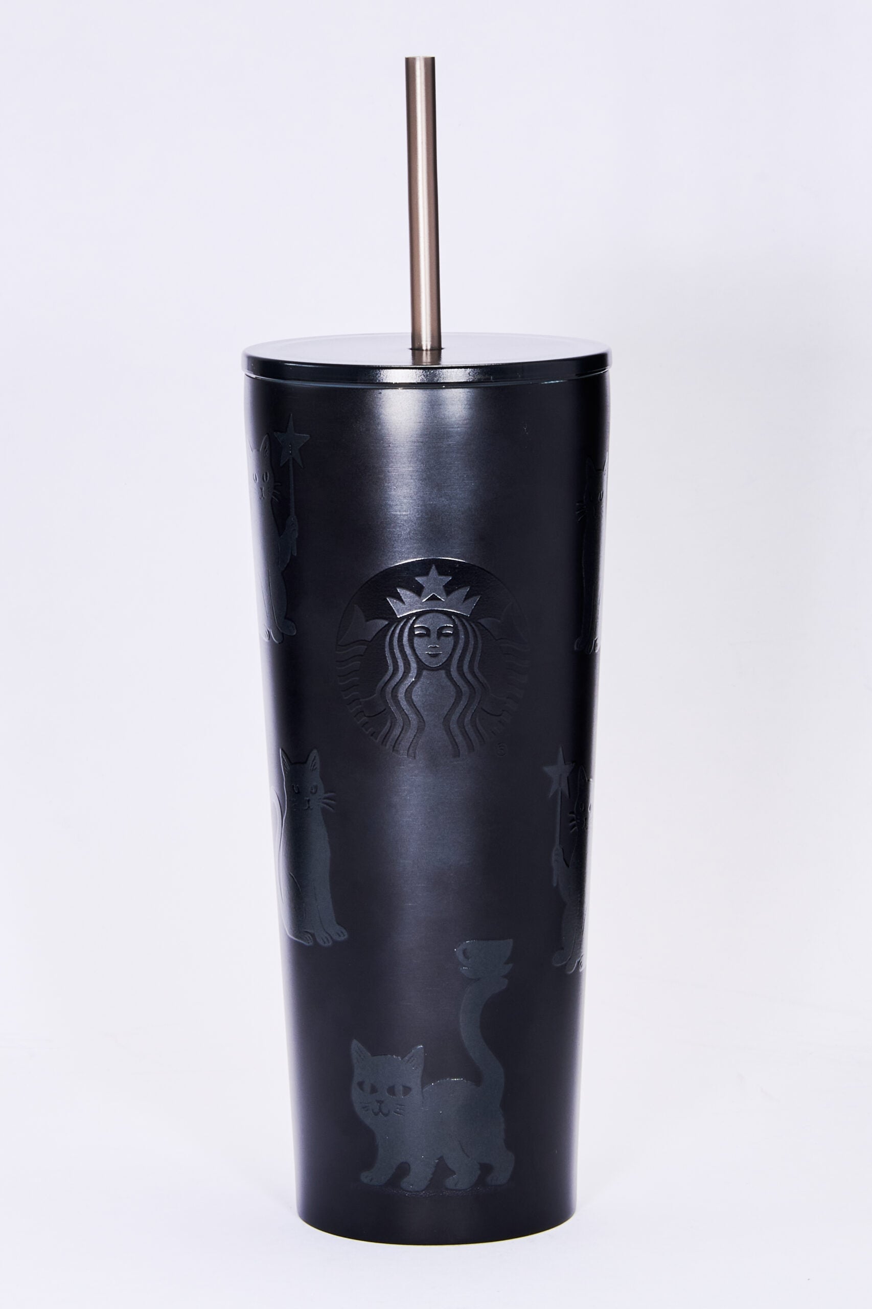 Starbucks matte black stainless steel cold cup with glow-in-the-dark black cat artwork