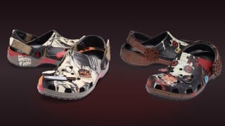 Crocs' Halloween Michael Myers Classic Clog and Saw Billy Classic Clog side by side on a dark background