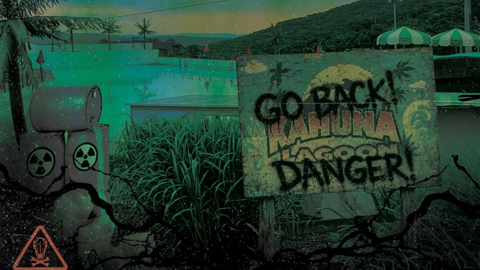 The Curse of Camelback key art showing a toxic green Camelbeach waterpark with a Kahuna Lagoon Danger sign