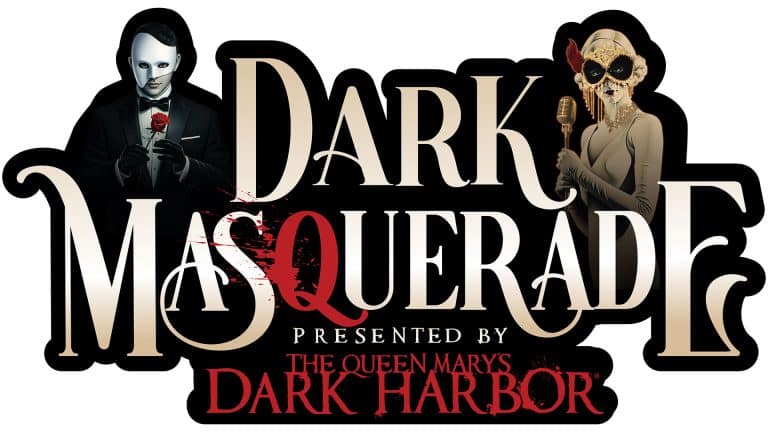 Dark Masquerade Valentine’s event aboard the Queen Mary with guests in elegant masquerade costumes and atmospheric lighting.