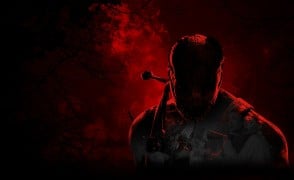 Dead by Daylight key art: a masked killer in silhouette against a red, smoky sky and bare black branches, with the game's survivors pictured in gray below him