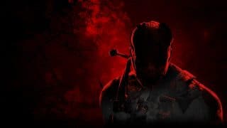 Dead by Daylight key art: a masked killer in silhouette against a red, smoky sky and bare black branches, with the game's survivors pictured in gray below him