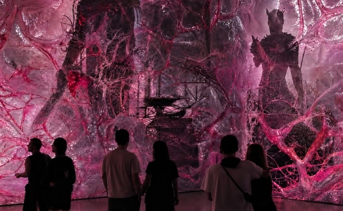 Guests in silhouette face a wall-sized projection of pink, vein-covered flesh with a horned killer standing inside it