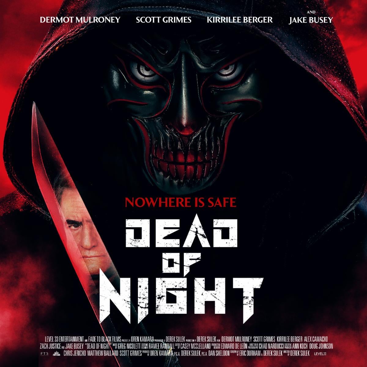 The Dead of Night poster: a hooded killer in a black skull mask holds a knife, under the cast names and above the tagline Nowhere Is Safe and the title