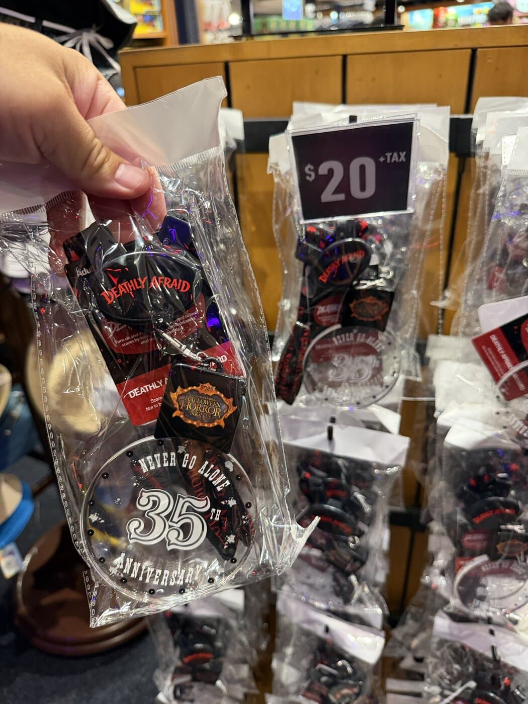 The Deathly Afraid no-scare lanyard at Halloween Horror Nights 35, priced $20