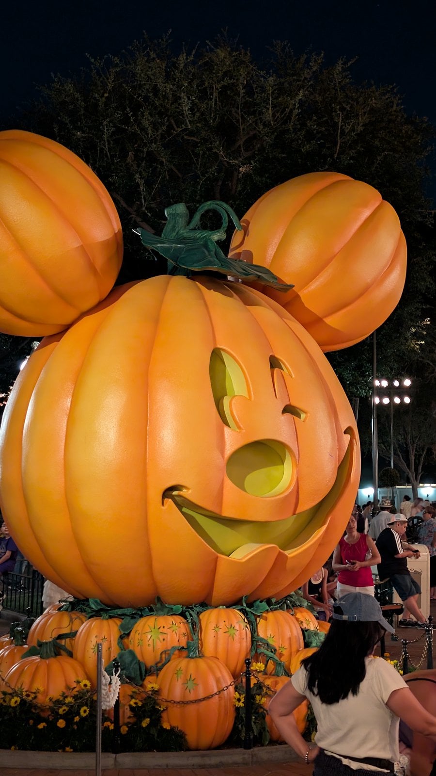 A giant Mickey Mouse pumpkin at Disneyland during Halloween Time 2026