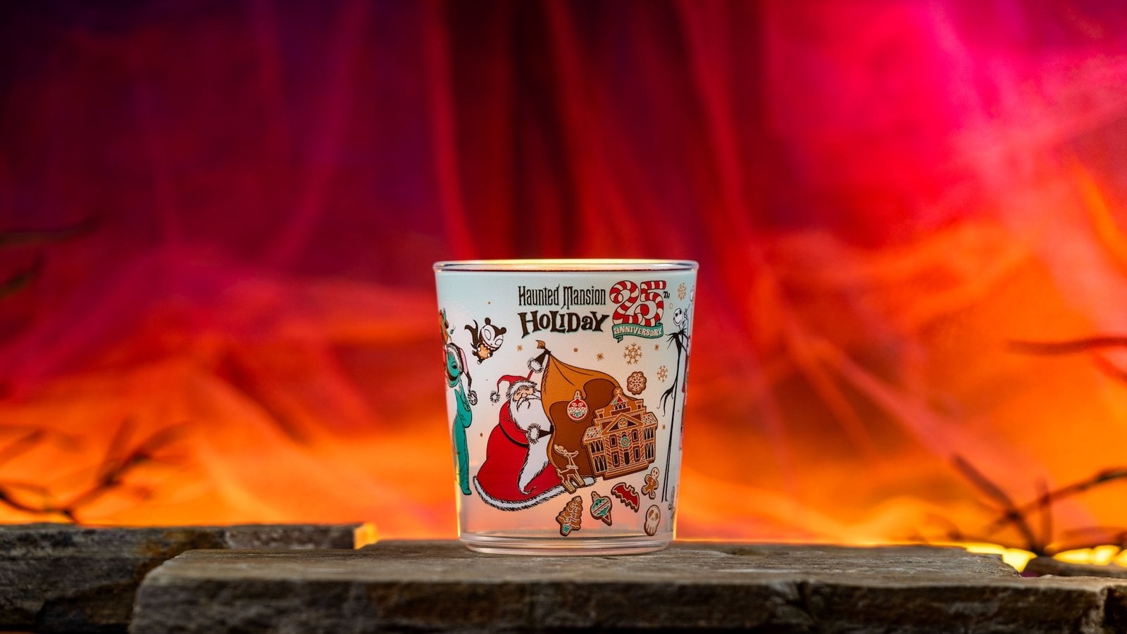 Commemorative Haunted Mansion Holiday cup for the ride's 25th year with Jack Skellington and gingerbread details