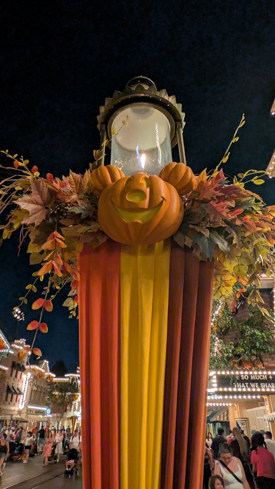A pumpkin and fall leaves on a Main Street, U.S.A. lamppost at night