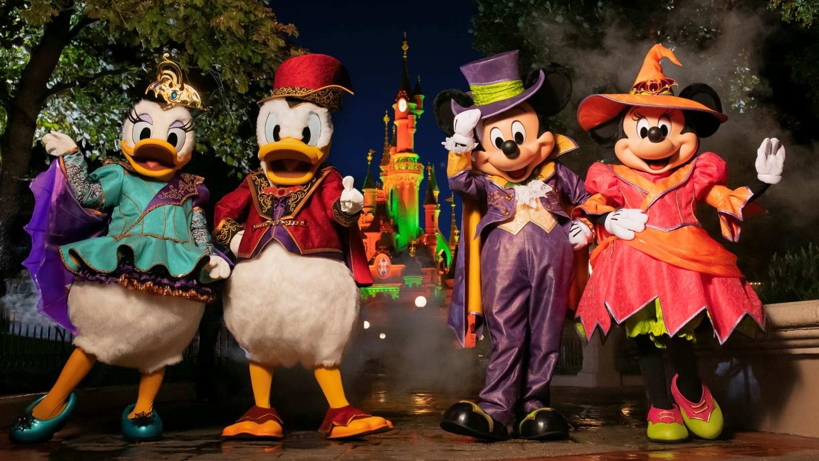 Mickey, Minnie, Donald, and Daisy in new Victorian-style Halloween outfits at Disneyland Paris