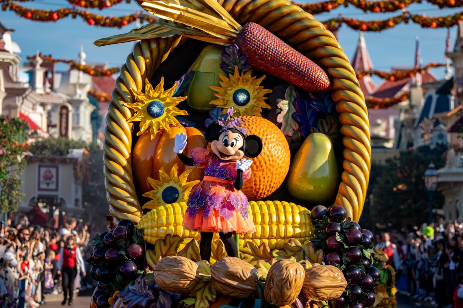 Minnie Mouse on a harvest cornucopia float in Mickey's Halloween Celebration at Disneyland Paris