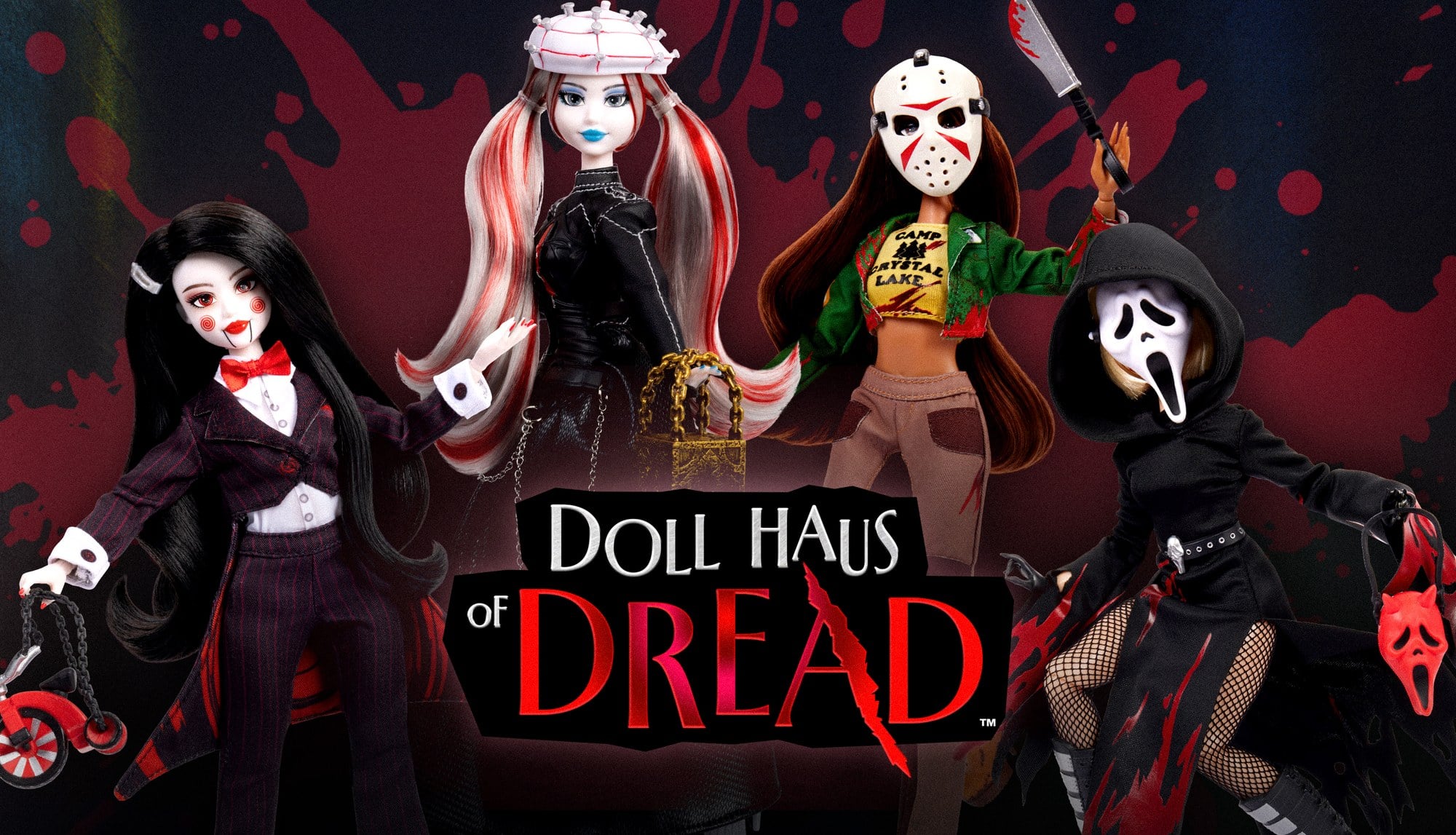 Doll Haus of Dread key art with Billy the Puppet, Pinhead, Jason, and Ghost Face dolls standing above the line's logo