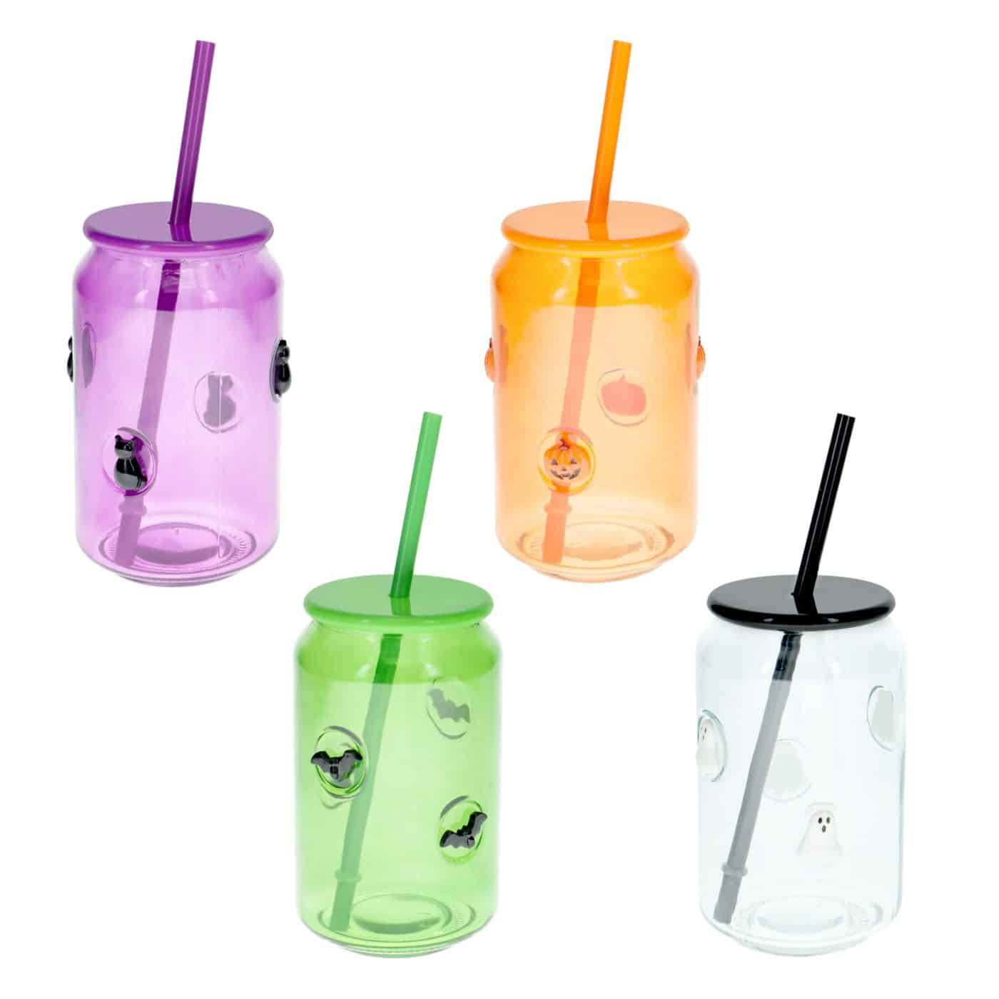 Dollar Tree Halloween icon glass tumblers in purple cat, orange pumpkin, green bat, and clear ghost designs