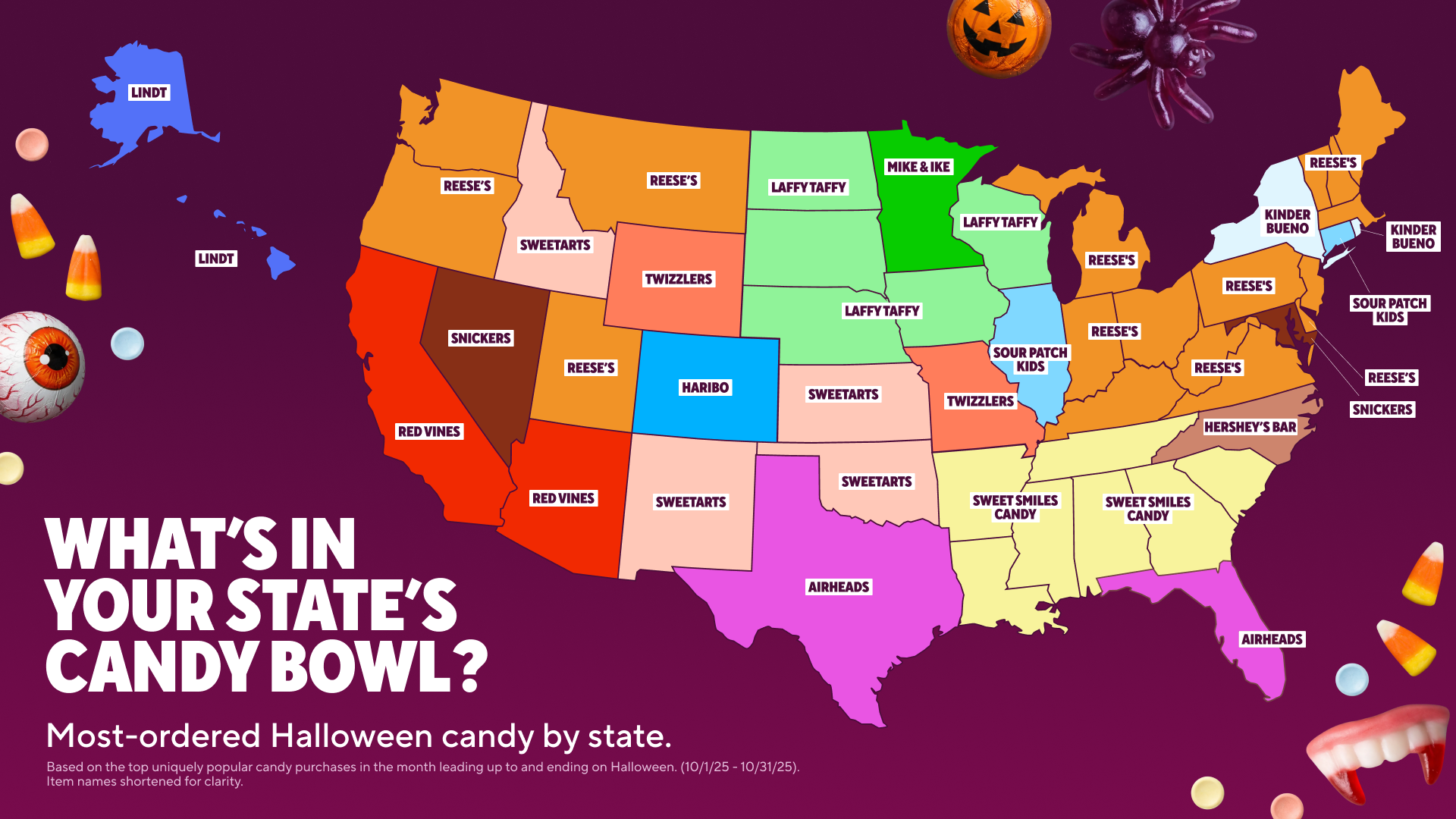 DoorDash's U.S. map labeling each state's Halloween candy pick, with Reese's across the North and Sweet Smiles across the Southeast