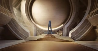 A circular stone hall with wide steps leading up to a tall, narrow blue throne, a promotional image for DUNE: The Experience
