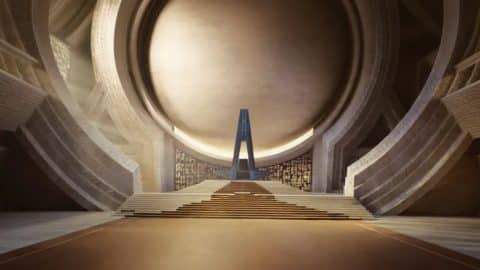 A circular stone hall with wide steps leading up to a tall, narrow blue throne, a promotional image for DUNE: The Experience